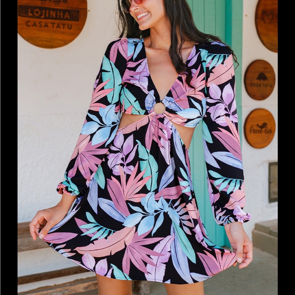 Tropical Cutout Long Sleeve Romper - Size Large